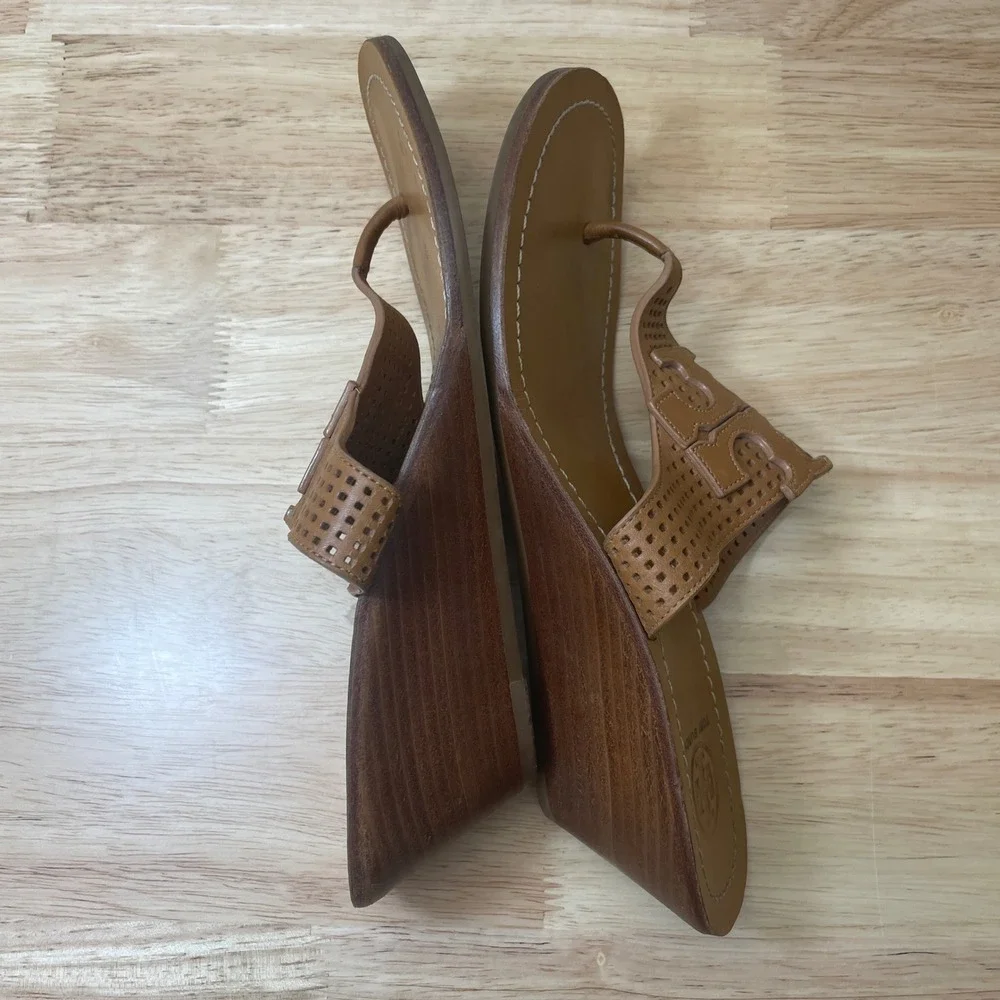 Tory Burch Tan Leather Laser‎ Cut Logo Thong Wedge Sandals Women's